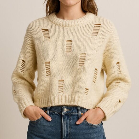 ASOS Design Cream Distressed Knit Sweater Cropped Pullover – Size 6 - Picture 10 of 10